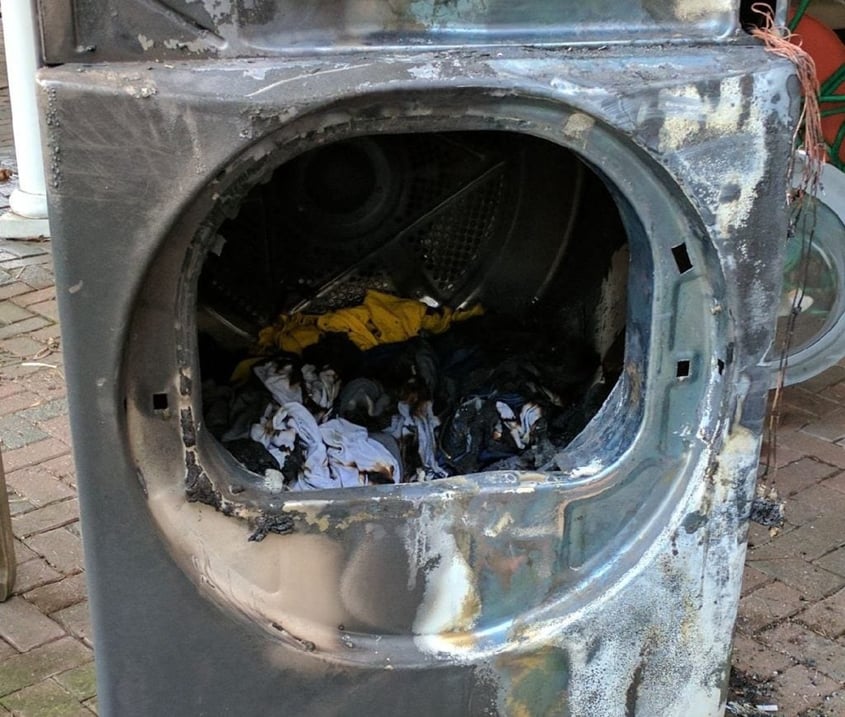 damaged dryer that caught fire